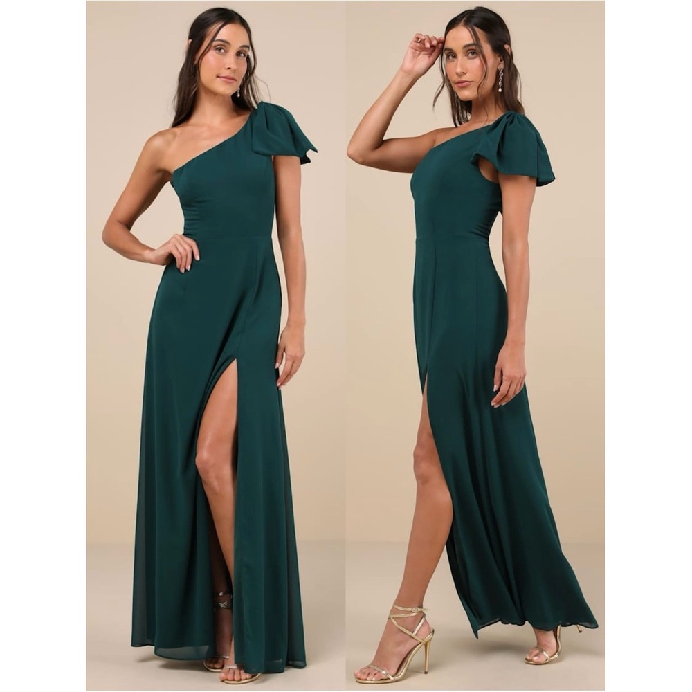NWT LULUS Emerald Chiffon Bow Trim One Shoulder Princesscore Formal Maxi Gown S